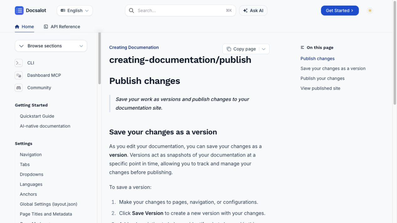 DocsAlot documentation workflow for saving versions and publishing changes